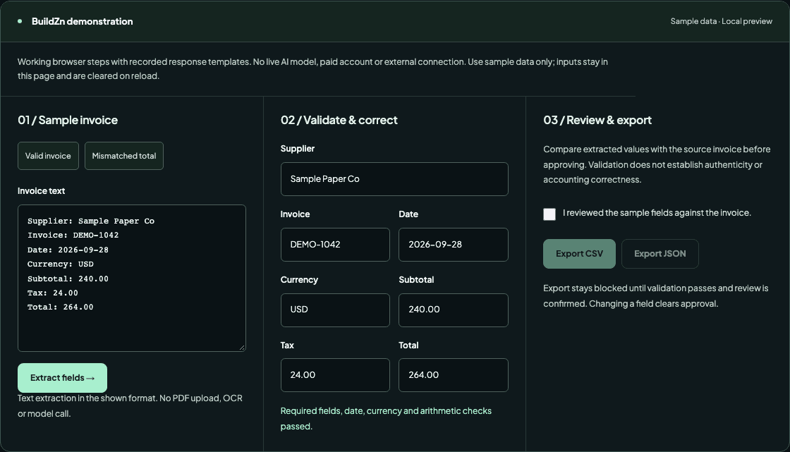 BuildZn invoice demonstration showing extracted sample fields, validation checks and a review step before export