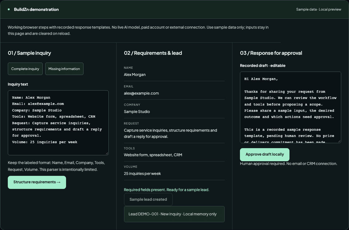 BuildZn inquiry demonstration with sample requirements, a lead record and a response awaiting human approval