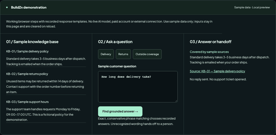 BuildZn support demonstration showing an answer grounded in a sample knowledge base with source references