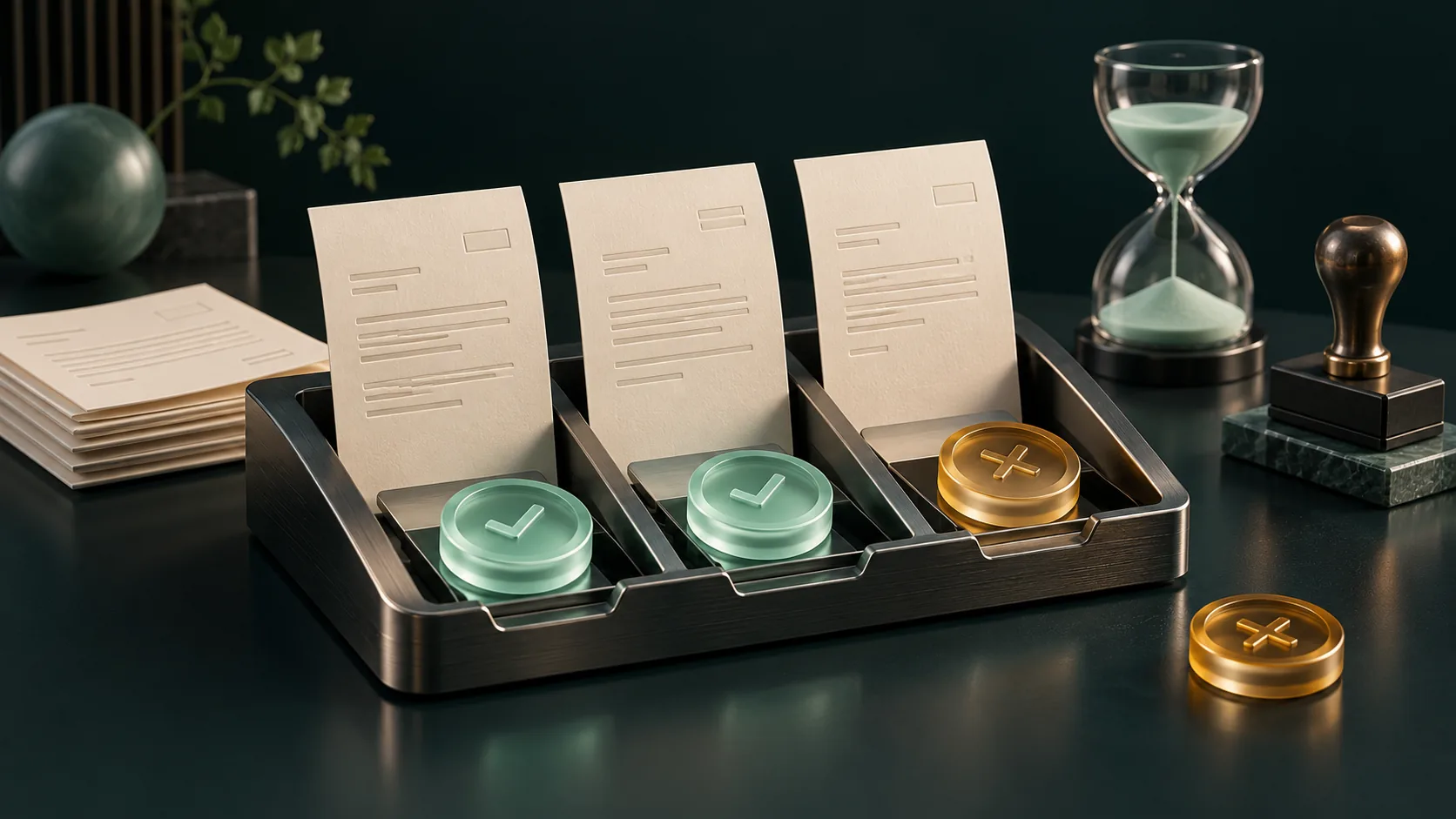 Conceptual illustration of invoices matched with payment tokens and a reminder hourglass