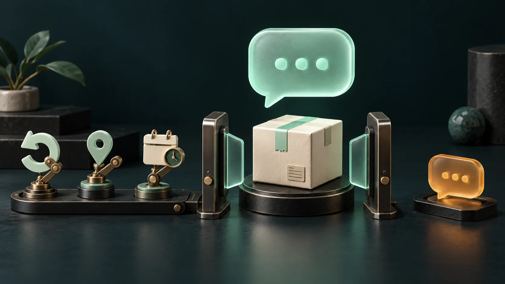Conceptual illustration of guarded support tools, a parcel and conversation bubbles